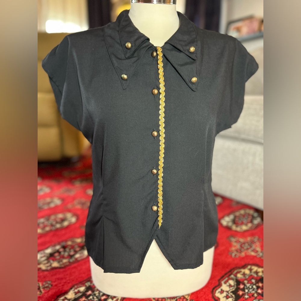 Chic Black Button Down Vintage Shirt with Gold Details